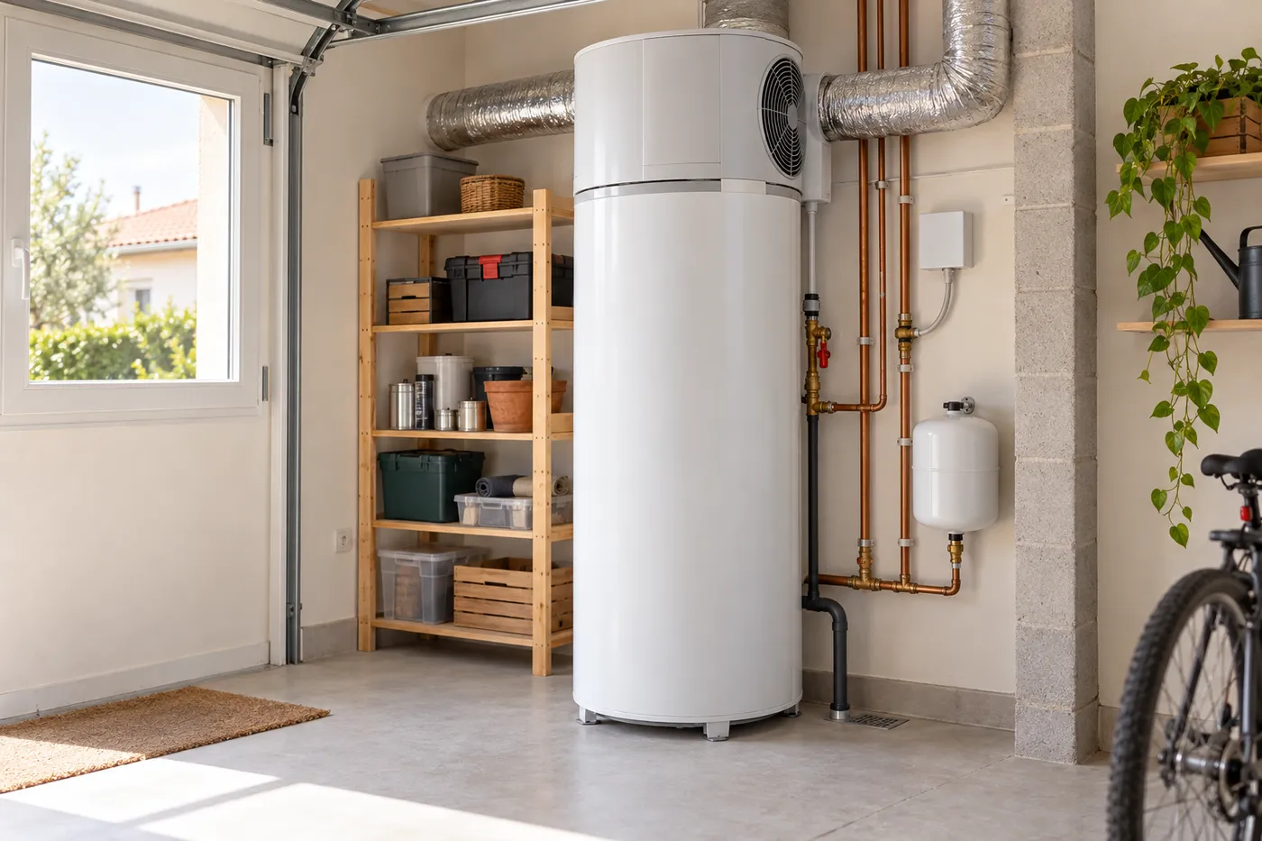 Chauffe-eau thermodynamique installé dans le garage d'une maison du nord de la Seine-Saint-Denis
